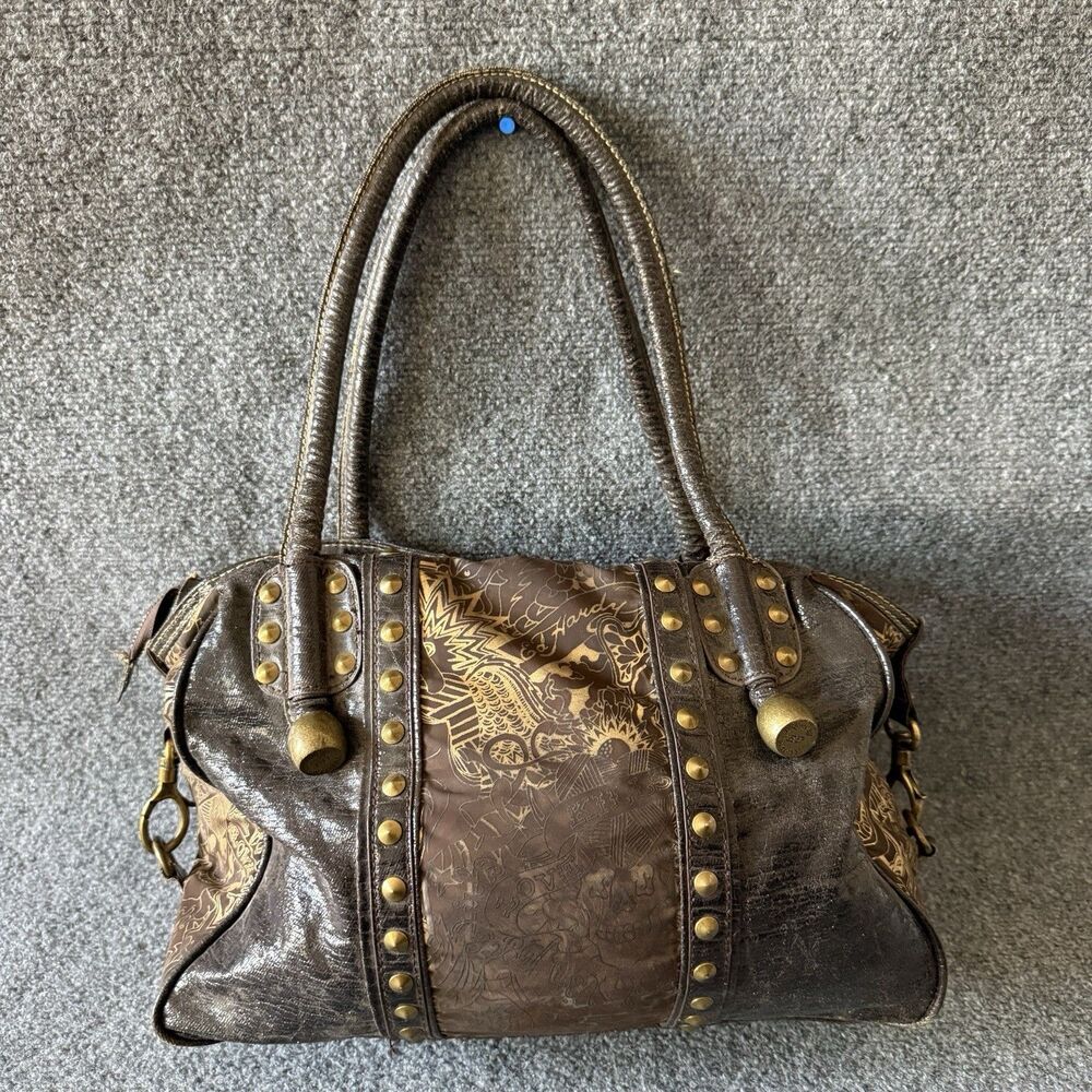 Y2k Ed Hardy 7820 Melrose Brown Studded Satchel Top Handle Bag Graphic Print - Picture 2 of 13